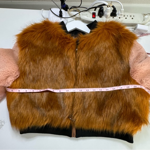 Shaci Blue Belfast Cropped Faux Fur Jacket Vegan Orangish Pink Zip Up Medium - Picture 9 of 13